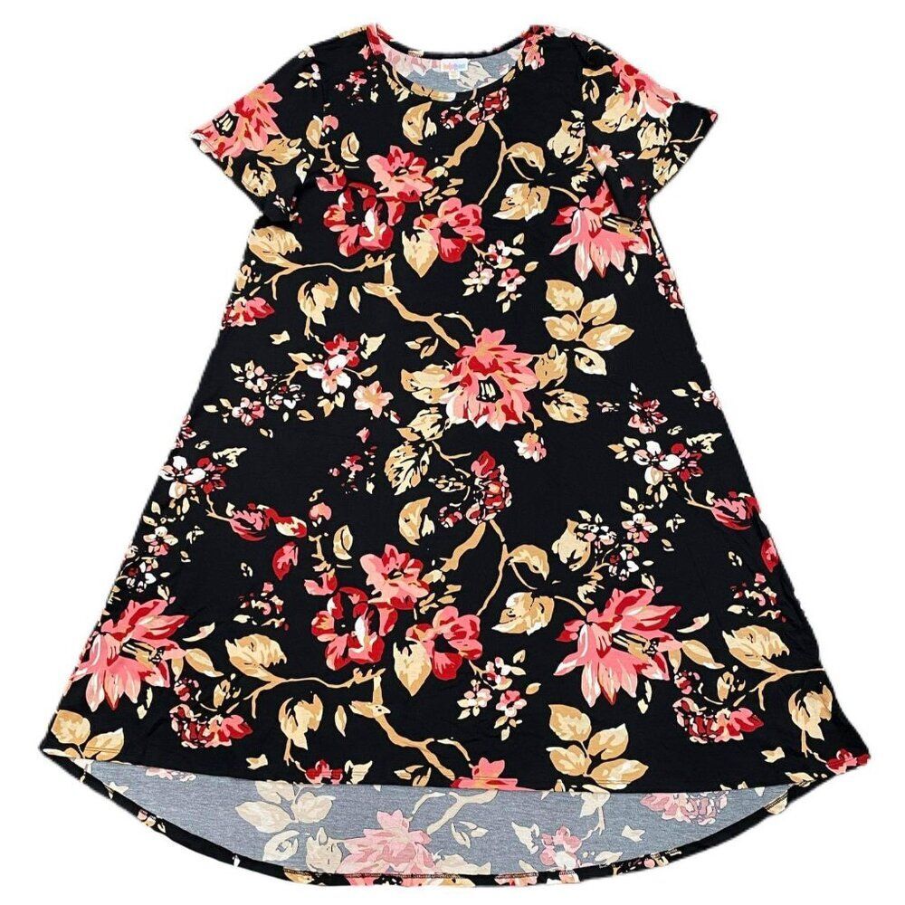 NEW M‎ LuLaRoe Carly Floral Black Pink Swing Dress High Low Flowy Short Sleeve